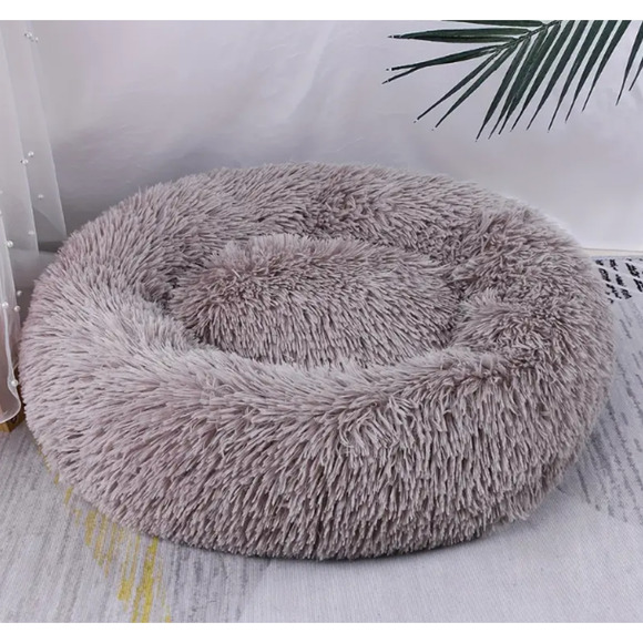 Pet Bed Plush Dog Cat Fluffy Luxury Taupe 23.6" large Round Non Slip - Picture 1 of 7